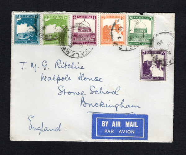 PALESTINE - 1935 - AIRMAIL: Cover franked with 1927 2m greenish blue, 3m yellow green, 5m orange & 6m deep green and 1932 4m purple and 7m deep violet (SG 90/91, 93/94 & 104/105) all tied by JERUSALEM cds's dated 18 MAR 1935. Sent airmail to UK with blue airmail label on front.  (PAL/43162)