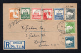 PALESTINE - 1930 - REGISTRATION: Registered cover franked with 1927 2m greenish blue, 3m yellow green, 4m rose pink, 5m orange, 6m deep green, 7m scarlet, 10m slate and 13m ultramarine (SG 90/95 & 97/98) tied by multiple strikes of oval REGISTERED JERUSALEM cancels dated 14 NOV 1930 with printed blue on white 'JERUSALEM' formular registration label alongside. Addressed to UK with large boxed 'POSTS & TELEGRAPHS PALESTINE CASHIER' cachet in purple on reverse.  (PAL/43164)
