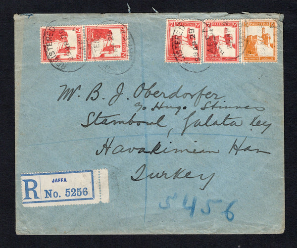 PALESTINE - 1929 - REGISTRATION: Registered cover franked with 1927 5m orange and 4 x 7m scarlet (SG 93 & 95) tied by oval REGISTERED JAFFA cancels dated 29 AP 1929 with printed blue on white 'JAFFA' formular registration label alongside. Addressed to TURKEY with transit & arrival marks on reverse.  (PAL/43166)
