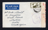 PALESTINE - 1943 - CENSORED MAIL & DESTINATION: Airmail cover franked with pair 1927 20m dull olive green (SG 99) tied by HAIFA cds dated 17 AU 1943. Addressed to DURBAN, NATAL, SOUTH AFRICA. Censored in Palestine with octagonal PASSED KK/26 censor mark in violet on front and further censored on arrival in South Africa with printed red on white censor strip at right.  (PAL/43167)