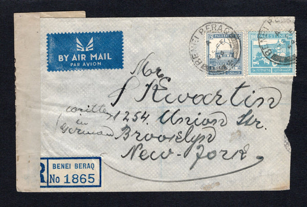 PALESTINE - 1944 - CANCELLATION, REGISTRATION & CENSORED MAIL: Airmail cover franked with 1927 100m turquoise blue and 1932 15m grey blue (SG 102 & 108a) tied by BENEI BERAQ cds's dated 25 FE 1944 with printed blue on white 'BENEI BERAQ' formular registration label alongside. Censored in Palestine with printed black on grey 'OPENED BY EXAMINER KK/23850' PC90 censor strip at left and addressed to USA with various transit and arrival marks on reverse. Cover is roughly opened at right but an uncommon originat
