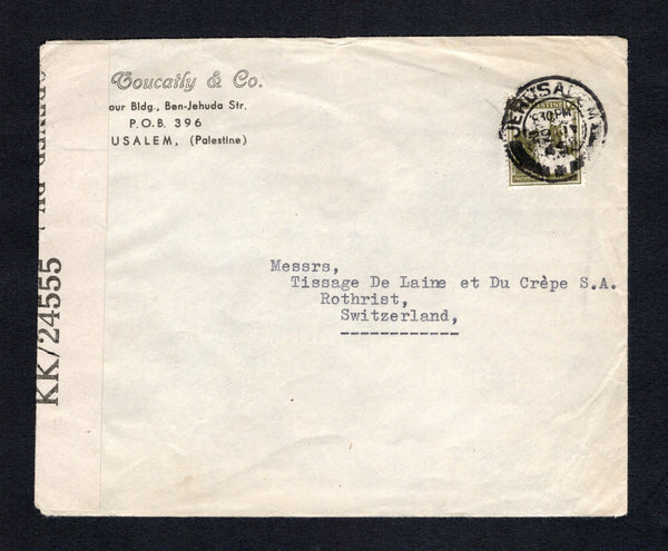 PALESTINE - 1945 - CENSORED MAIL: Cover franked with 1927 20m dull olive green (SG 99) tied by JERUSALEM cds dated 29 JY 1945. Addressed to SWITZERLAND and censored in Palestine with printed black on white 'OPENED BY EXAMINER KK/24555' censor strip at left.  (PAL/43169)