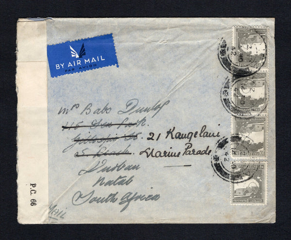 PALESTINE - 1941 - CENSORED MAIL: Cover franked with 1927 10m slate (SG 97) tied by JAFFA cds dated 21 MR 1941. Addressed to UK, censored in Palestine with printed black on deep blue 'OPENED BY CENSOR 70/8233' PC22 censor strip at left.  (PAL/43170)