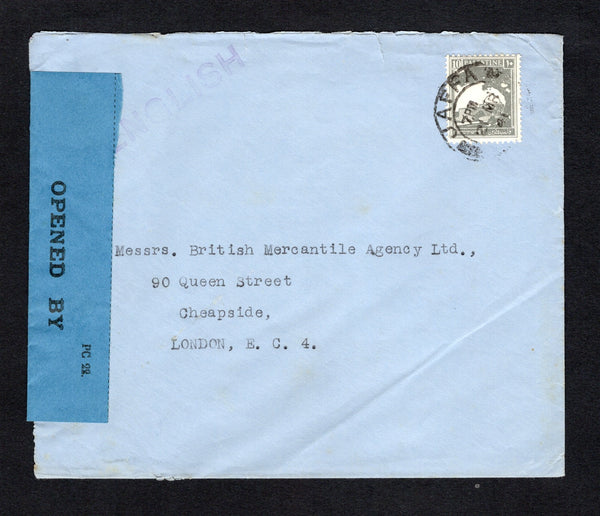 PALESTINE - 1942 - CENSORED MAIL & DESTINATION: Airmail cover franked with 4 x 1927 10m slate (SG 97) tied by HAIFA cds's dated 14 NO 1942. Addressed to DURBAN, NATAL, SOUTH AFRICA and censored in Palestine with printed black on white 'OPENED BY EXAMINER KK/30109' PC66 censor strip at left.  (PAL/43171)
