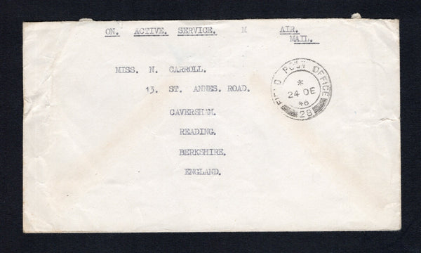 PALESTINE - 1946 - MILITARY MAIL: Stampless cover with typed 'ON ACTIVE SERVICE' on front and '2547200 CFN. HILL. L.J. No. 3 W/SHOP. 3. BASE. W/. R.E.M.E. M.E.L.F.' return address on reverse with fine strike of FIELD POST OFFICE 28 cds dated 24 DEC 1946 on front, located in HAIFA between December 1946 and February 1948. Sent airmail to UK.  (PAL/43173)