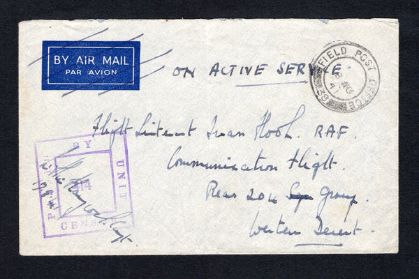 PALESTINE - 1946 - MILITARY MAIL: Stampless airmail cover with manuscript 'ON ACTIVE SERVICE' on front with fine strike of FIELD POST OFFICE 38 cds dated 28 AUG 1941 located in Palestine between July and December 1941. Addressed to 'Flight Lieutenant Frank Hooper RAF, Communications Flight, Rear 204 Group, Western Desert' with boxed 'PASSED BY UNIT CENSOR 414' mark on front. An unusual destination.  (PAL/43174)