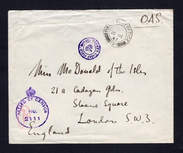 PALESTINE - 1942 - MILITARY MAIL: Stampless cover with manuscript 'O.A.S.' at top with fine strike of FIELD POST OFFICE 121 cds dated 10 OC 1942 located at RAFAH between April 1941 and March 1943 serving APO S253. Addressed to UK with crowned 'PASSED BY CENSOR No. 2111' mark in purple on front with small DEPUTY CHIEF FIELD CENSOR 'Crown' marking alongside.  (PAL/43175)