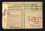 PALESTINE - 1940 - MILITARY MAIL: Stampless printed green on buff 'Active service' soldier's envelope with good strike of FIELD POST OFFICE 122 cds dated 8 OC 1940 located at TULKARM between April 1940 and February 1941. Addressed to UK and censored in Palestine with printed red on yellow 'EXAMINED BY BASE CENSOR' censor strip at left with triangular '3 EXAMINER' marking.  (PAL/43176)