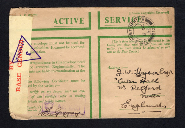 PALESTINE - 1940 - MILITARY MAIL: Stampless printed green on buff 'Active service' soldier's envelope with good strike of FIELD POST OFFICE 122 cds dated 8 OC 1940 located at TULKARM between April 1940 and February 1941. Addressed to UK and censored in Palestine with printed red on yellow 'EXAMINED BY BASE CENSOR' censor strip at left with triangular '3 EXAMINER' marking.  (PAL/43176)