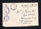 PALESTINE - 1943 - MILITARY MAIL: Stampless cover with manuscript 'On Active Service' at top with fine strike of FIELD POST OFFICE 143 cds dated 16 JUN 1943 located in HAIFA between December 1941 and September 1943 serving APO S251. Addressed to SOUTH AFRICA with printed red on yellow 'EXAMINED BY BASE CENSOR' censor strip at left with crowned 'PASSED BY CENSOR No. 1648' mark in purple on front with small DEPUTY CHIEF FIELD CENSOR 'Crown' marking alongside.  (PAL/43177)