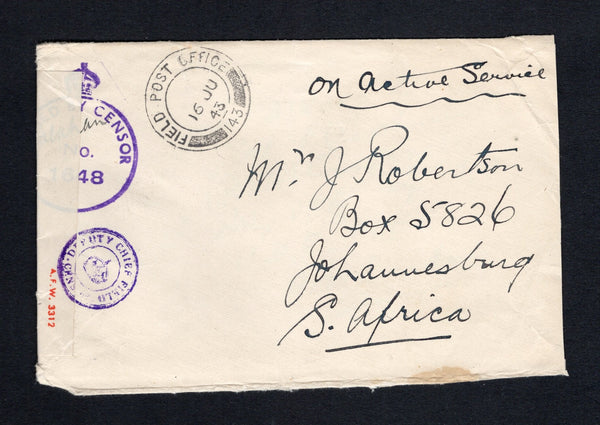 PALESTINE - 1943 - MILITARY MAIL: Stampless cover with manuscript 'On Active Service' at top with fine strike of FIELD POST OFFICE 143 cds dated 16 JUN 1943 located in HAIFA between December 1941 and September 1943 serving APO S251. Addressed to SOUTH AFRICA with printed red on yellow 'EXAMINED BY BASE CENSOR' censor strip at left with crowned 'PASSED BY CENSOR No. 1648' mark in purple on front with small DEPUTY CHIEF FIELD CENSOR 'Crown' marking alongside.  (PAL/43177)