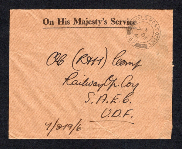 PALESTINE - 1941 - MILITARY MAIL: Stampless printed 'On His Majesty's Service' official cover with fine strike of FIELD POST OFFICE 167 cds dated 7 DEC 1941 of the 9th Army located in Palestine between December 1940 and January 1942. Addressed to 'Ob (RH1) Comp, Railway Op Coy, S.A.E.C. U.D.F.'.  (PAL/43178)