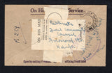PALESTINE - 1943 - MILITARY MAIL: Stampless re-used printed 'On His Majesty's Service' official cover with label pasted on reverse with FIELD POST OFFICE 550 cds dated 17 JAN 1943 located in Palestine between June 1942 and May 1943 with oval 'O.C. No. 3 ORD W/SHOP COY' handstamp in purple. Addressed to HAIFA with HAIFA RAHLA B.O. arrival cds on reverse.  (PAL/43179)