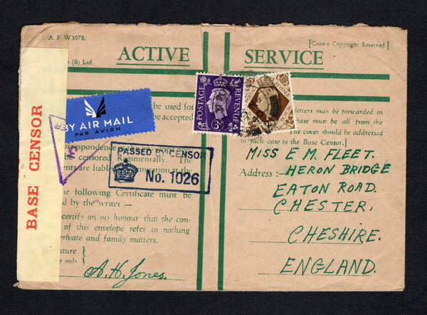 PALESTINE - 1940 - MILITARY MAIL: Printed green on buff 'Active service' soldier's envelope used with added Great Britain 1937 3d violet & 1/- bistre brown GVI issue (SG 467 & 475) tied by FIELD POST OFFICE 121 cds dated 19 NO 1940 located at 117 Jaffa Road, JERUSALEM between April 1940 and April 1941. Addressed to UK and censored in Palestine with printed red on yellow 'EXAMINED BY BASE CENSOR' censor strip at left with triangular '3 EXAMINER' and boxed 'PASSED BY CENSOR No.1026' markings on front.  (PAL/