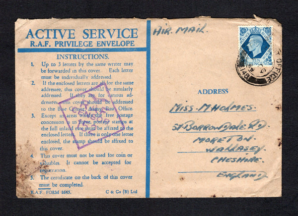 PALESTINE - 1944 - MILITARY MAIL: Printed blue on buff 'Active service R.A.F. PRIVILEGE ENVELOPE' Officer's envelope used with added Great Britain 1937 10d turquoise blue GVI issue (SG 474) tied by FIELD POST OFFICE 148 cds dated 7 OC 1944 located in JERUSALEM between October 1944 and November 1945. Addressed to UK with diamond 'RAF CENSOR 152' handstamp in purple on front. Envelope has some staining at lower left but a scarcer type.  (PAL/43182)