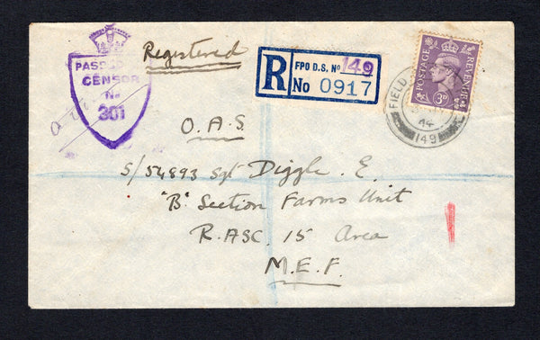 PALESTINE - 1944 - MILITARY MAIL & REGISTRATION: Registered cover with manuscript 'O.A.S.' franked with Great Britain 1941 3d pale violet GVI issue (SG 490) tied by FIELD POST OFFICE 149 cds dated 3 JUL 1944 located at HADERA between July 1943 and January 1945 with printed blue on white 'FPO D.S. No.149' formular registration label alongside with '149' handstamped in purple. Addressed to 'S/54893 Sgt Diggle. E. "B" Section Farms Unit, R. ASC, 15 Area. M.E.F.' with 'PASSED BY CENSOR No.301' Shield censor ma