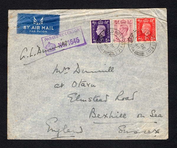 PALESTINE - 1940 - MILITARY MAIL: Airmail cover franked with Great Britain 1937 1d scarlet, 3d violet & 6d purple GVI issue (SG 463, 467 & 470) tied by two fine strikes of FIELD POST OFFICE 164 cds dated 2 DEC 1940 located in Palestine between September 1940 and April 1941 with boxed 'PASSED BY CENSOR No.1645' censor mark on front. Addressed to UK.  (PAL/43184)