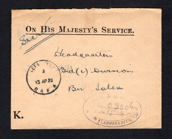 PALESTINE - 1920 - CANCELLATION & OFFICIAL MAIL: Stampless printed 'On His Majesty's Service' official cover with fine strike of OETA EEF RAFA skeleton cds dated 13 AP 1920. Addressed to 'Secret, Headquarters 3rd (L) Division, Bir Salem' with R.M.S. I.E.F. transit cds and Indian 'F.P.O. No. 79' arrival cds of the 3rd Division H.Q. at Bir Salem on reverse. A superb cover with an excellent strike of arguably the rarest Palestinian cancellation of the small Arab village of Rafa located on the border with Egyp