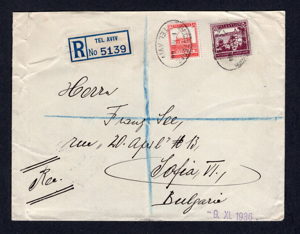 PALESTINE - 1936 - REGISTRATION & DESTINATION: Cover franked with 1927 50m bright purple and 1932 8m scarlet (SG 100a & 106) tied by oval REGISTERED TEL AVIV cancels with printed blue & white 'TEL AVIV' registration label alongside. Addressed to SOFIA, BULGARIA with arrival marks on reverse.  (PAL/656)