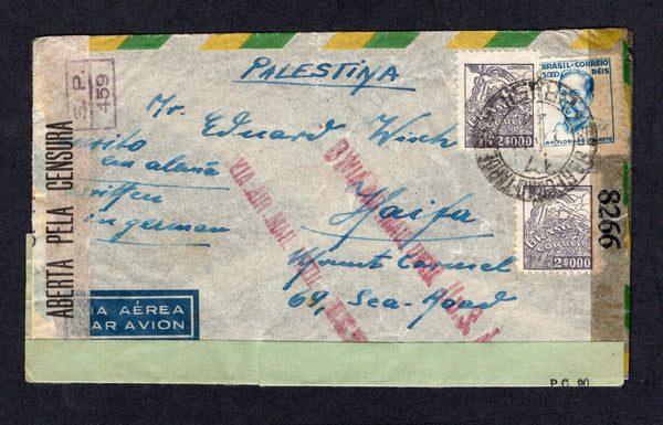 PALESTINE - 1944 - DESTINATION & CENSOR: Incoming airmail cover from Brazil franked with 1940 2 x 2000rs slate purple & 5000rs blue (SG 659A & 660A) tied by SAO PAULO cds. Addressed to HAIFA, PALESTINE with Brazilian censor strip & cachets, USA censor strip and green 'OPENED BY EXAMINER KK/38108' Palestinian censor strip.  (PAL/8207)