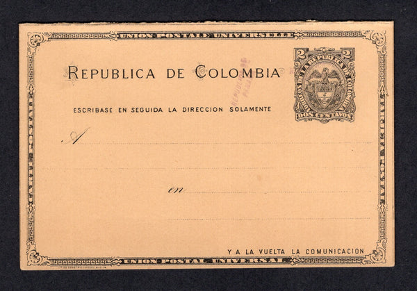 PANAMA - 1903 - POSTAL STATIONERY: 2c + 2c black on yellow buff postal stationery reply card (H&G 2) with small 'REPUBLICA DE PANAMA' overprints in purple, two strikes on both sides of card. A fine unused example.  (PAN/10359)