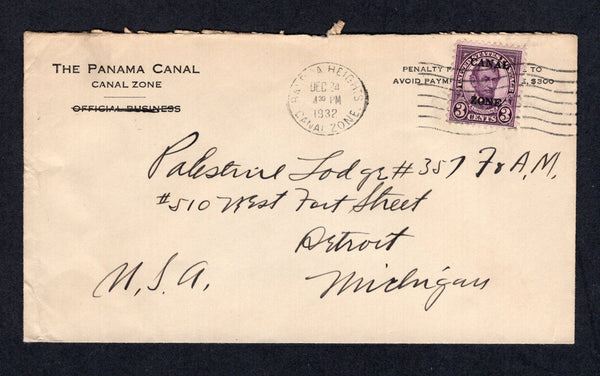 PANAMA - CANAL ZONE - 1932 - USA OVERPRINT ISSUE: 'The Panama Canal Canal Zone Official Business' PENALTY envelope with 'Official Business' crossed out franked with 1927 3c violet USA overprint issue (SG 104) tied by BALBOA HEIGHTS roller cancel. Addressed to USA.  (PAN/10444)