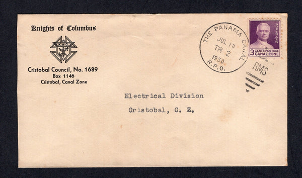 PANAMA - CANAL ZONE - 1950 - TRAVELLING POST OFFICES: Cover franked with single 1934 3c violet (SG 142) tied by fine strike of THE PANAMA CANAL R.P.O. TR 2 cds dated JUL 10 1950. Addressed to CRISTOBAL.  (PAN/24778)