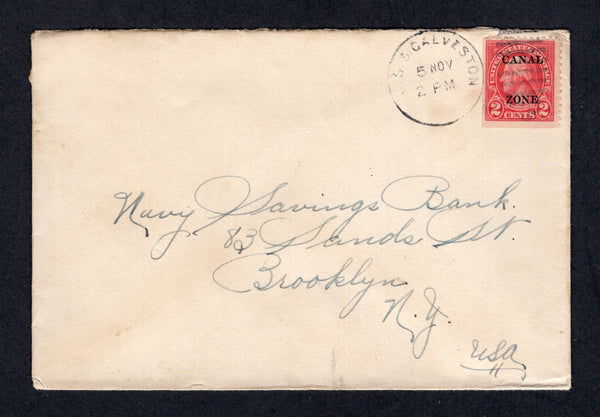 PANAMA - CANAL ZONE - 1925 - US NAVY: Circa 1925. Cover franked with 1925 2c carmine USA issue with 'CANAL ZONE' overprint (SG 86) tied by U.S.S. GALVESTON 'Ship' cds. Addressed to USA.  (PAN/24781)