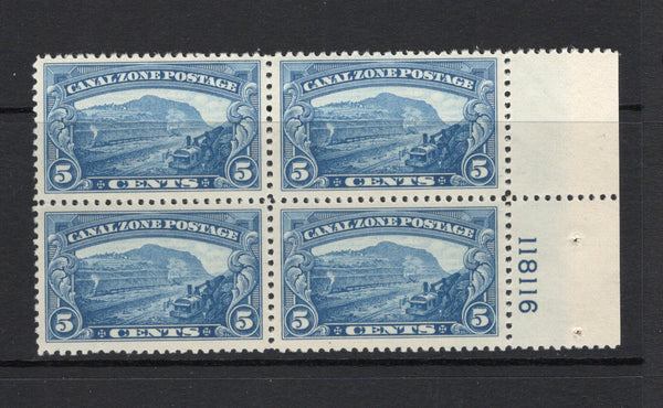 PANAMA - CANAL ZONE - 1928 - MULTIPLE: 5c blue 'Panama Canal Under Construction' issue, a fine mint side marginal block of four with '118116' plate number in margin. (SG 109)  (PAN/25602)