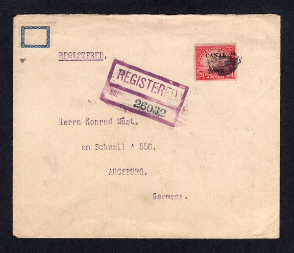 PANAMA - CANAL ZONE - 1929 - REGISTRATION: Registered cover franked with single 1925 20c carmine USA issue with 'CANAL ZONE' overprint (SG 94, A's with pointed tops) tied by dumb 'Cork' cancel with boxed registration marking in purple alongside and CRISTOBAL REGISTERED originating cds's on reverse. Addressed to GERMANY with transit & arrival marks also on reverse. Scarce single franking.  (PAN/26828)