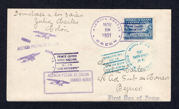 PANAMA - 1931 - FIRST FLIGHT: Cover franked with 1931 5c blue AIR issue (SG 250) tied by COLON cds dated NOV 28 1931. Flown on the COLON - BEJUCA first flight with various first flight cachets and BEJUCA arrival mark in blue all on front. (Muller #70e)  (PAN/28814)