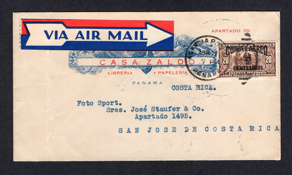 PANAMA - 1936 - AIRMAIL & VARIETY: Cover franked with single 1934 10c on 20c brown 'CORREO AEREO' surcharge issue with variety 'SMALL 10' (SG 268b) tied by AGENCIA POSTAL PANAMA cds. Sent airmail to COSTA RICA with large coloured 'VIA AIR MAIL' label on front and arrival cds on reverse. Very Attractive.  (PAN/31224)