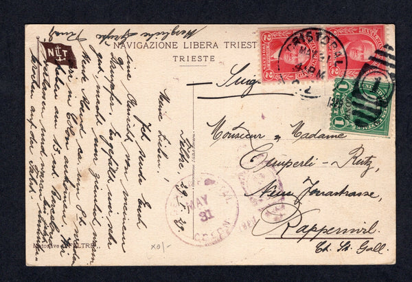 PANAMA - CANAL ZONE - 1929 - MARITIME: Printed 'Navigazione Libera Trieste PPC showing a photographic picture of the steamship 'Feltre' franked on message side with 1924 1c green USA issue with 'CANAL ZONE' overprint and pair 1928 2c carmine (SG 75 & 108) tied by CRISTOBAL cds dated MAY 31 1929. Addressed to SWITZERLAND with COLON transit cds in purple on front.  (PAN/41714)