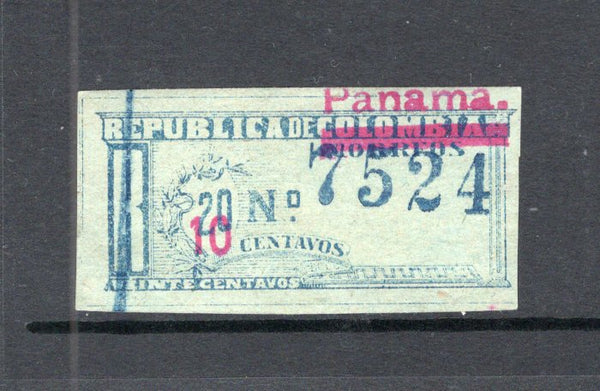 PANAMA - 1904 - PROVISIONALS: 10c on 20c blue on bluish paper 'Registration' issue of Colombia, issued at Panama, a fine used copy with handstruck '7524' registration number in blue. A scarce stamp. (SG R68)  (PAN/42020)