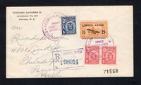 PANAMA - 1929 - FIRST FLIGHT: Registered cover franked with 1924 pair 2c carmine and 5c blue 'Arms' issue and 1928 25c on 10c orange AIR surcharge issue (SG 200/201 & 224) tied by undated AGENCIA POSTAL PRIMER CORREO AEREO INTERNACIONAL PANAMA R.DE P. cancels with boxed registration marking alongside. Flown on the Panama - Miami 'LINDBERGH' escort flight. Addressed to USA with transit and arrival marks on reverse. (Muller #8a)  (PAN/42324)