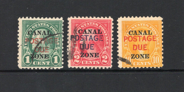 PANAMA - CANAL ZONE - 1925 - POSTAGE DUES: 1c green, 2c carmine and 10c orange USA issue with 'CANAL ZONE' overprint (A's with flat tops) and further overprinted 'POSTAGE DUE', the set of three fine lightly used. (SG D89/D91)  (PAN/42464)