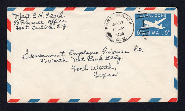 PANAMA - CANAL ZONE - 1950 - POSTAL STATIONERY & CANCELLATION: 6c blue on white postal stationery airmail envelope (H&G FB6) used with fine strike of FORT GULICK duplex cds dated JAN 17 1950. Addressed to USA.  (PAN/43089)