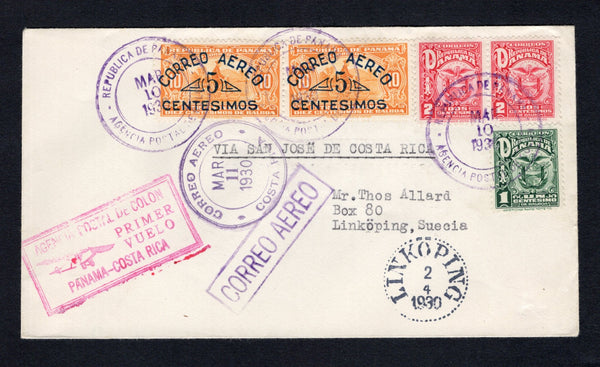 PANAMA - 1930 - FIRST FLIGHT: Cover franked with 1924 1c green and pair 2c carmine 'Arms' issue and 1930 2 x 5c on 10c orange AIR issue (SG 199/200 & 238) tied by PANAMA cds dated MAR 10 1930. Flown on the PANAMA - COSTA RICA first flight with boxed 'AGENCIA POSTAL DE PANAMA PRIMER VUELO PANAMA - COSTA RICA' first flight cachet in pink. Addressed to SWEDEN with COSTA RICA arrival cds on front dated 11 MAR 1930 and SWEDISH arrival cds also on front. (Muller #38)  (PAN/43130)