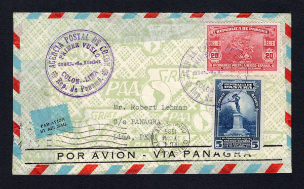 PANAMA - 1936 - FIRST FLIGHT: 'PAA Grace' airmail envelope franked with 1936 5c blue & 20c carmine (SG 276 & 285) tied by large AGENCIA POSTAL DE COLON PRIMER VUELO DIC. 4. 1936 COLON - LIMA REP. DE PANAMA first flight cds in purple with fine second strike alongside. Flown on the Colon - LIma, Peru first flight with CRISTOBAL CANAL ZONE transit cds on front and LIMA, PERU arrival cds on reverse. (Muller #Unlisted)  (PAN/43131)
