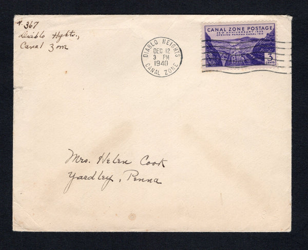 PANAMA - CANAL ZONE - 1940 - CANCELLATION: Cover franked with single 1939 3c bright violet '25th Anniversary of Opening of Panama Canal' issue (SG 151) tied by DIABLO HEIGHTS machine cancel dated DEC 12 1940. Addressed to USA.  (PAN/43137)