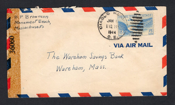 PANAMA - CANAL ZONE - 1940 - CANCELLATION: Censored cover franked with single 1931 15c blue AIR' issue (SG 130) tied by DIABLO HEIGHTS duplex cds dated JAN 11 1944. Addressed to USA and censored with brown '36060' censor tape at left.  (PAN/43139)