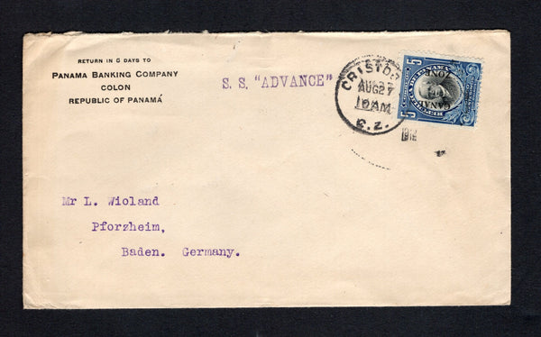 PANAMA - CANAL ZONE - 1912 - MARITIME: Printed 'Panama Banking Company, Colon' cover franked with single 1909 5c black & steel blue issue of Panama with 'CANAL ZONE' overprint Type 1 (SG 37) tied by CRISTOBAL cds dated AUG 27 1912 with fine strike of straight line 'S.S. "ADVANCE"' ship marking in purple alongside. Addressed to GERMANY.  (PAN/43504)