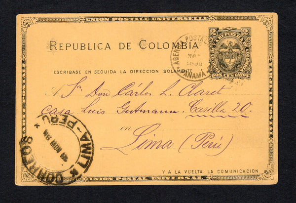 PANAMA - 1895 - POSTAL STATIONERY & DESTINATION: 2c black on orange buff postal stationery card of Colombia (H&G 13a) used with PANAMA duplex cds dated 7 NOV 1895. Addressed to PERU with large LIMA arrival cds on front.  (PAN43872)