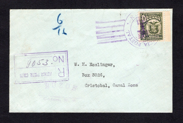 PANAMA - 1931 - REGISTRATION & INSTRUCTIONAL MARK: Registered cover franked with single 1926 12c olive green 'Arms' issue (SG 215) tied by COLON cds dated JUL 2 1931 with boxed 'COLON' registration mark and light strike of BUZON COLON R.P. marking both in violet on front. Addressed to CRISTOBAL, CANAL ZONE with red 'Sunburst' registration seal on reverse tied by boxed AGENCIA POSTAL RECOMENDADOS R COLON cancels and CRISTOBAL arrival cds. A lovely single franking of the 12c registered rate to Canal Zone.   