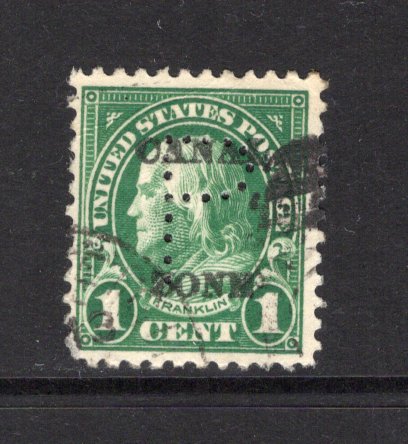 PANAMA - CANAL ZONE - 1924 - PERFIN: 1c green USA issue with 'CANAL ZONE' overprint (A's with flat tops), a fine used copy with large 'P' PERFIN for official use. Small corner fault. (SG 75)  (PAN44099)