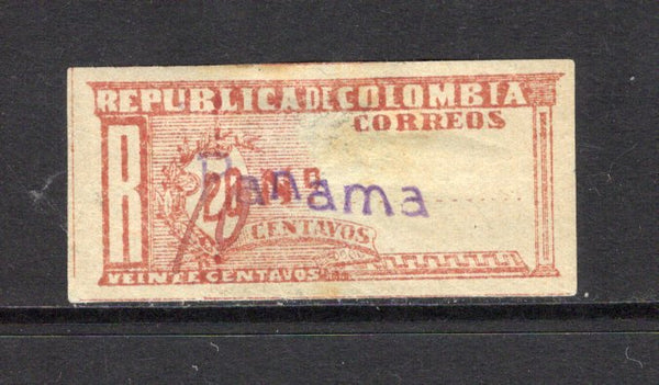 PANAMA - 1903 - PROVISIONAL ISSUE & REGISTRATION: 10c on 20c red brown on blue 'Registration' issue of Colombia with 'Second Bocas del Toro' overprint in violet, and '10c' added in red manuscript. A mint copy with gum and four margins. Thinned on reverse but a very scarce and underrated stamp. (SG R130)  (PAN44182)
