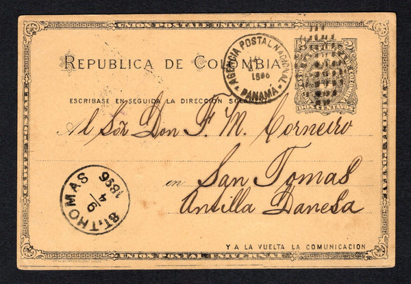 PANAMA - 1896 - POSTAL STATIONERY, ROUTING & DESTINATION: 2c black on orange buff postal stationery card of Colombia (H&G 13a) used with PANAMA duplex cds dated 26 MAR 1896. Addressed to SAN TOMAS, ANTILLA DANESA (St. Thomas, Danish West Indies) routed via BARBADOS with BARBADOS cds on reverse and fine ST. THOMAS arrival cds on front.  (PAN44326)