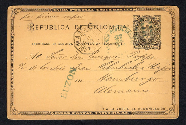 PANAMA - 1892 - POSTAL STATIONERY & INSTRUCTIONAL MARK: 2c black on orange buff postal stationery card of Colombia (H&G 13a) with manuscript 'Por Primer Vapor' at top used with PANAMA duplex cds dated 27 JUL 1892 and straight line 'BUZON' marking alongside both in blue. Addressed to GERMANY with octagonal COLON A ST. NAZAIRE L.A. No.1 French maritime cds on front.  (PAN44327)