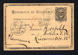 PANAMA - 1896 - POSTAL STATIONERY & INSTRUCTIONAL MARK: 2c black on yellow buff postal stationery card of Colombia (H&G 13) used with PANAMA duplex cds dated 9 OCT 1896 with fine strike of small boxed 'BUZON PANAMA' marking alongside. Addressed to GERMANY with LONDON transit cds in red and German arrival cds all on front. The reverse just has a large manuscript number as the message.  (PAN44328)