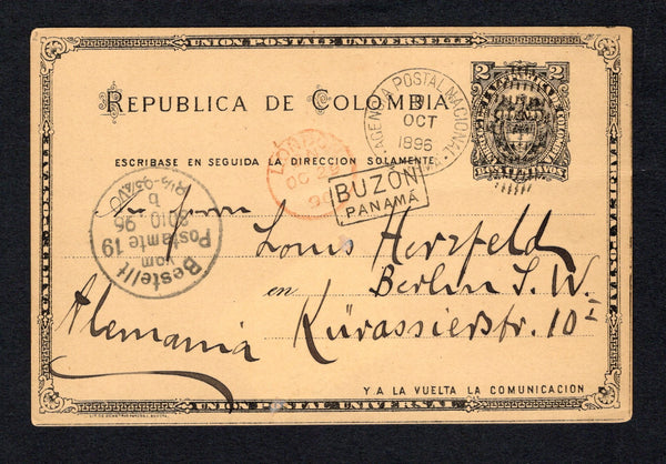 PANAMA - 1896 - POSTAL STATIONERY & INSTRUCTIONAL MARK: 2c black on yellow buff postal stationery card of Colombia (H&G 13) used with PANAMA duplex cds dated 9 OCT 1896 with fine strike of small boxed 'BUZON PANAMA' marking alongside. Addressed to GERMANY with LONDON transit cds in red and German arrival cds all on front. The reverse just has a large manuscript number as the message.  (PAN44328)